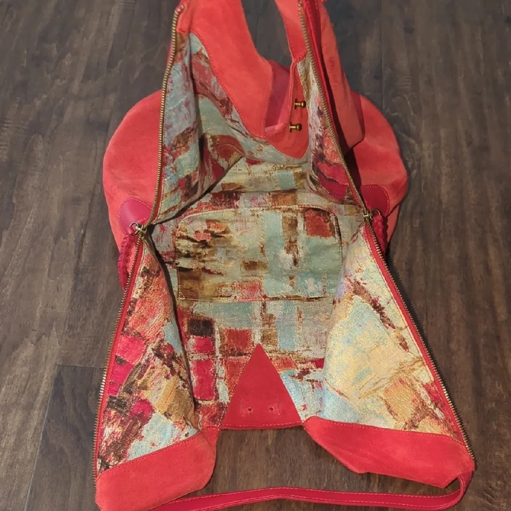 Anthropologie Red Suede with Leather Trim Details Slouchy Bag - Picture 8 of 12